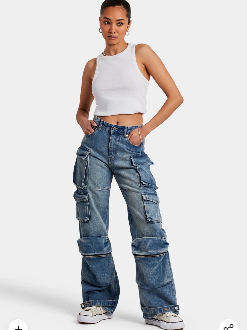 Women's Blue Wide-Leg Cargo Utility Jeans